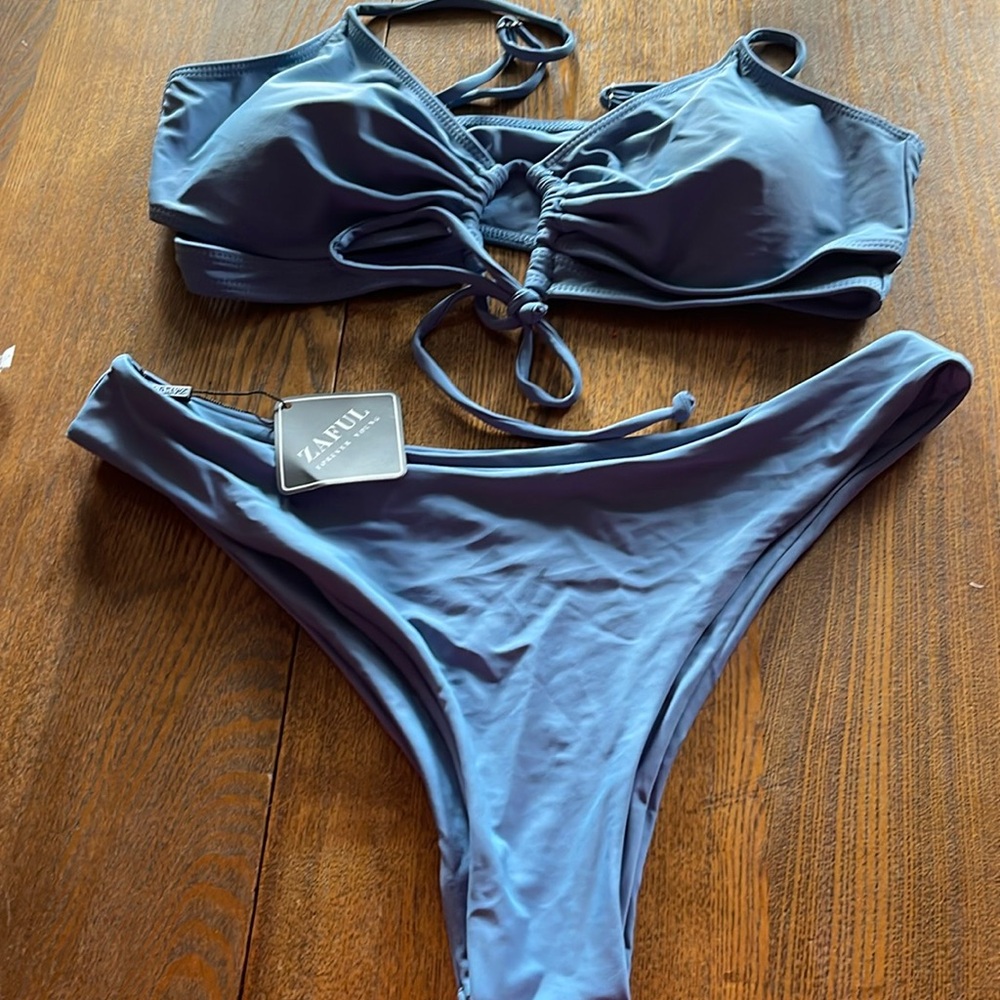 NWT Zaful Textured Blue-Gray Bikini Set Large Bathing Suit Swimsuit